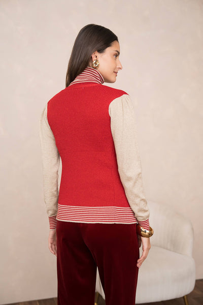 Collab Boutique red and gold metallic knit cardigan with striped cuffs and hem, long sleeves, and button front.