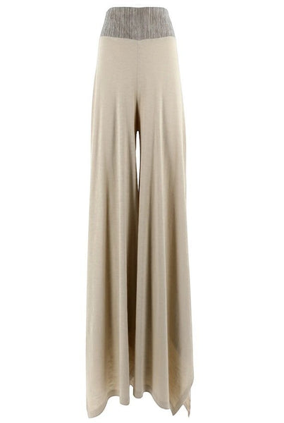 Collab Boutique beige jersey cotton palazzo pants with a ribbed waistband and flowing wide legs.
