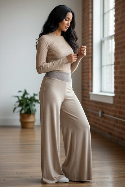 Collab Boutique beige cotton jersey palazzo pants with a ribbed waistband and flowing wide legs.