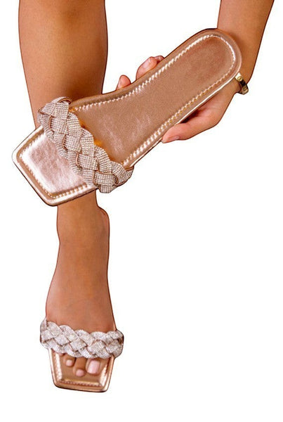 Collab Boutique rose gold braided rhinestone slide sandals with square toe.