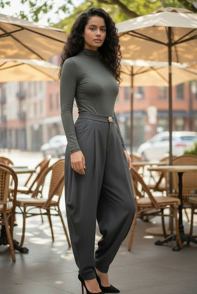 Collab Boutique asphalt grey polyester ruched dress pants with gold pendant closure and tapered ends.