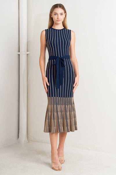 Collab Boutique navy and beige striped sleeveless midi knit dress with belt and pleated flare skirt.
