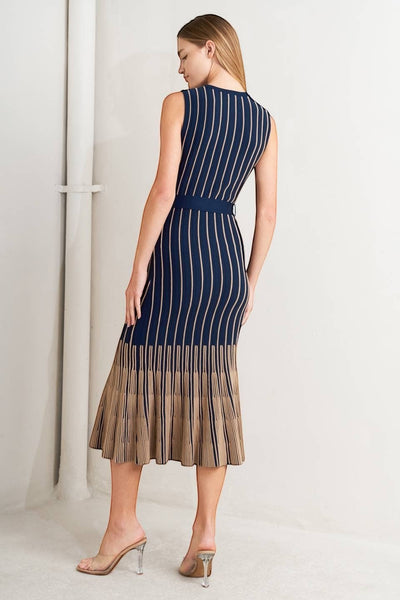 Collab Boutique navy and beige striped sleeveless midi knit dress with belt and pleated skirt.
