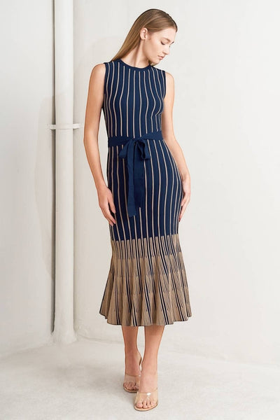 Collab Boutique navy and beige striped sleeveless midi knit dress with belt and pleated flare skirt.