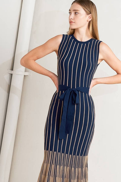 Collab Boutique navy and beige striped sleeveless midi knit dress with belt and pleated hem.
