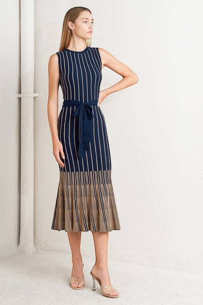Collab Boutique navy and beige striped sleeveless midi knit dress with belt and pleated skirt.