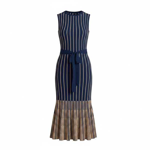 Collab Boutique navy and beige striped sleeveless midi knit dress with belt and pleated hem.