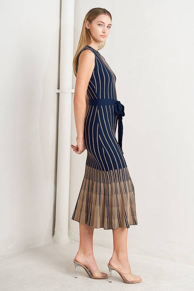Collab Boutique navy and beige striped sleeveless midi knit dress with belt and pleated skirt.