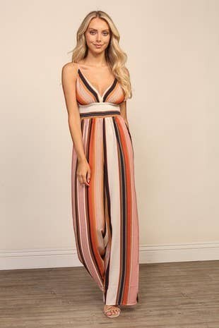 Collab Boutique women's multi-color striped V-neck maxi dress with empire waist and wide legs.