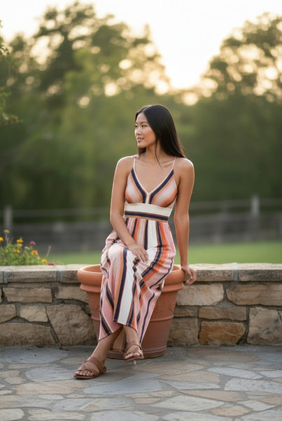 Collab Boutique striped V-neck maxi dress with empire waist and adjustable straps in multi-color earthy tones.