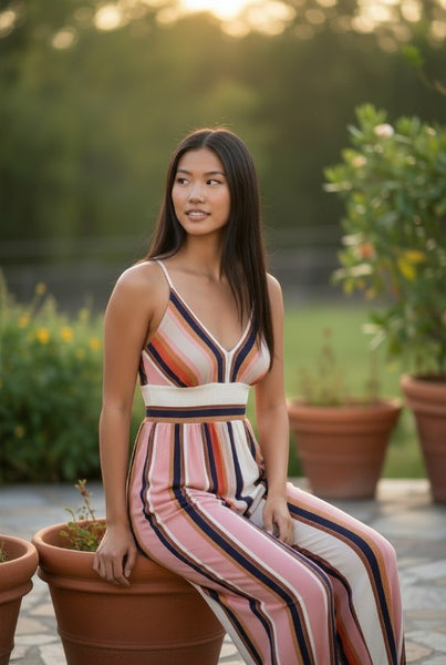 Collab Boutique woman in a striped V-neck wide-leg jumpsuit with empire waist and adjustable straps in pink, white, navy, and orange.