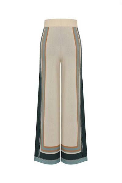 Collab Boutique cream knit wide-leg lounge pants with geometric stripe pattern in teal and tan.