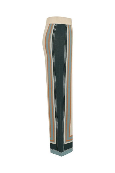 Collab Boutique cream, teal, and tan striped wide leg knit lounge pants with elastic waistband.