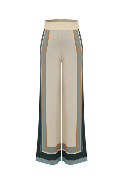 Collab Boutique cream, teal, and tan striped wide leg knit lounge pants with elastic waistband.