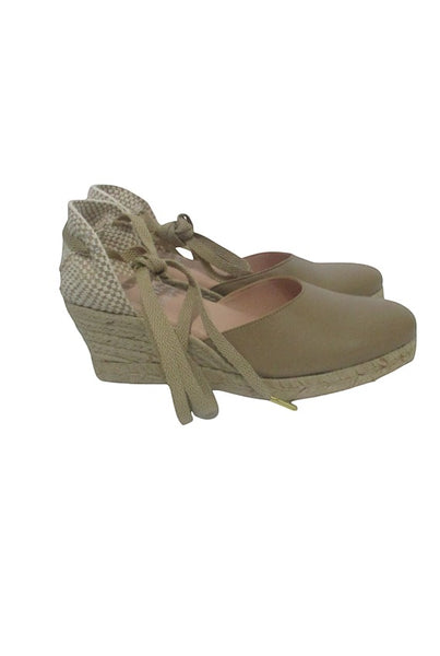 Collab Boutique tan leather espadrille wedge sandals with jute sole, ankle ties, and gold tip shoelaces.