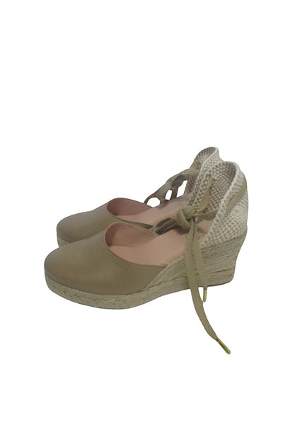 Collab Boutique tan leather espadrille wedge sandals with jute sole and gold-tipped laces.