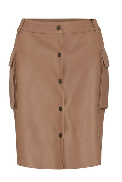 Collab Boutique taupe nappa leather above knee skirt with snap buttons and side pockets.