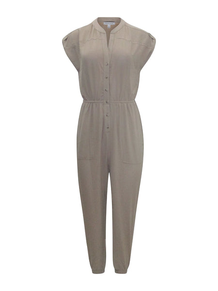 Collab Boutique taupe dolman short sleeve button-up jumpsuit with elastic waist and pockets. 100% polyester.