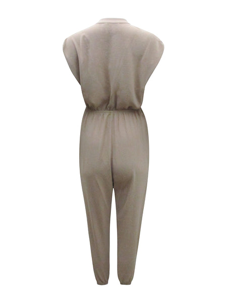 Collab Boutique taupe dolman short sleeve button up jumpsuit made of 100% polyester with elastic waist.