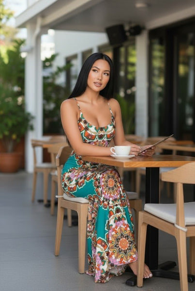 Collab Boutique model wears a teal geometric print maxi dress with adjustable straps and a side slit, seated at a cafe.