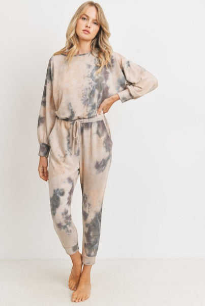 Collab Boutique women's tie-dye lounge set in neutral tones. Soft French terry fabric, crew neck sweatshirt, and drawstring joggers.