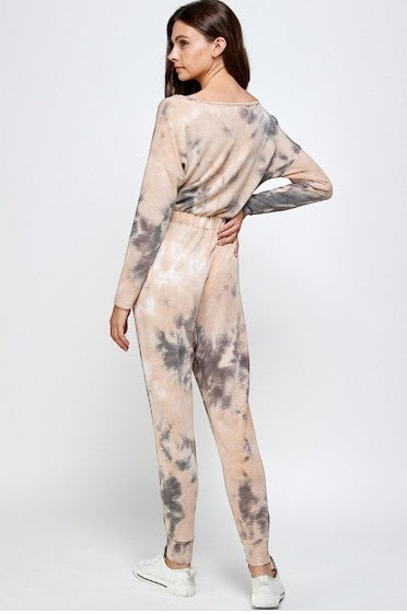 Collab Boutique women's tie-dye lounge set in neutral tones, featuring a crew neck sweatshirt and joggers made of polyester, rayon, and spandex blend.