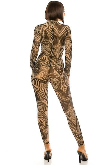 Collab Boutique black and tan tribal print mock neck long sleeve sheer mesh jumpsuit.