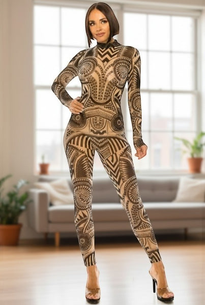 Collab Boutique black and tan tribal print mock neck long sleeve sheer mesh jumpsuit.