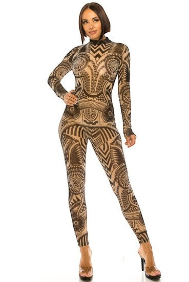 Collab Boutique black and tan tribal print mock neck long sleeve sheer mesh jumpsuit on a model.