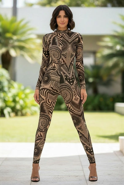 Collab Boutique black and tan tribal print mock neck long sleeve mesh jumpsuit