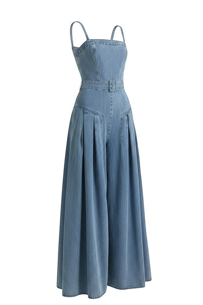 Collab Boutique washed denim jumpsuit with straight neckline, straps, self belt, and extra wide leg. Back zipper closure.