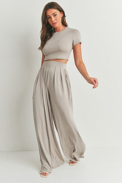 Collab Boutique neutral tone wide leg palazzo pant set with cropped top and pleated high-waisted pants. Model is 5'9, wearing size Small.