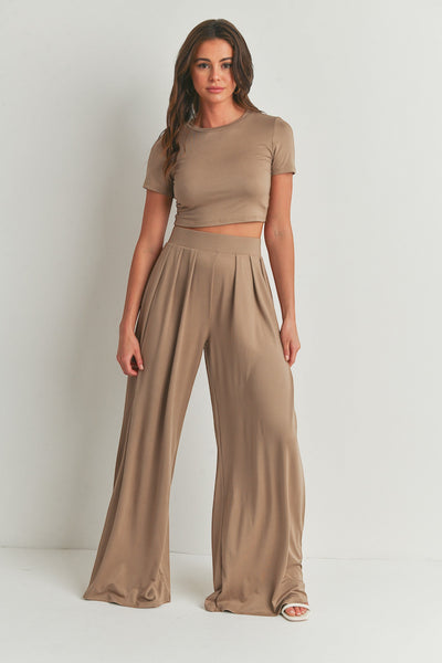 Collab Boutique taupe wide leg palazzo pant set with cropped t-shirt and high-waisted pleated pants, polyester-spandex blend.