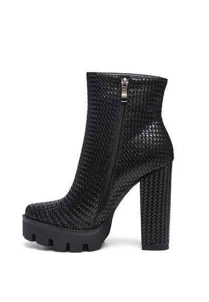 Black woven textured ankle chunky heel ankle boots for winter