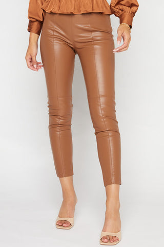 Camel color faux leather tapered pants, side zipper