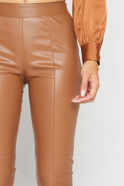 Camel color faux leather tapered pants, side zipper