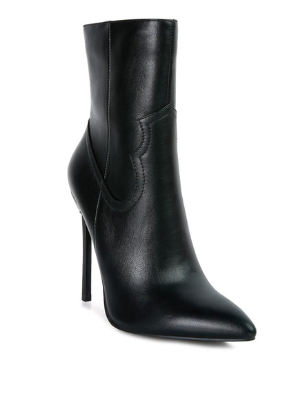 Black faux leather stitch detail ankle boots, pointed toe, side zipper