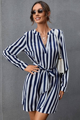 long sleeve striped navy and white mini dress