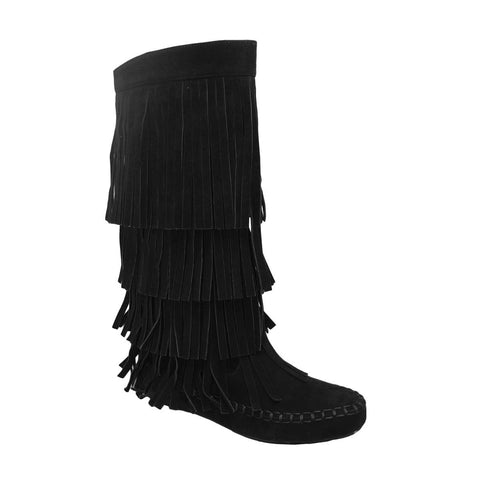 Faux Suede Layered Fringe Moccasin Boots