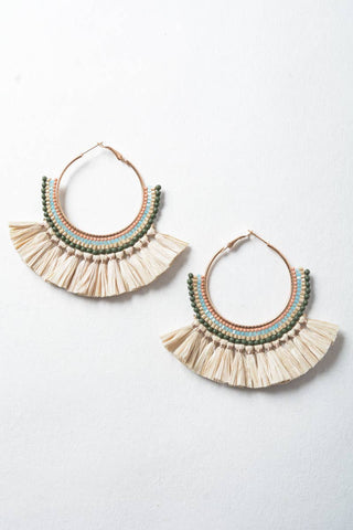 natural bead and raffia fan hoop earrings