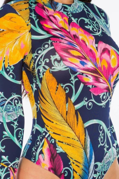 tropical print long sleeve bodysuit