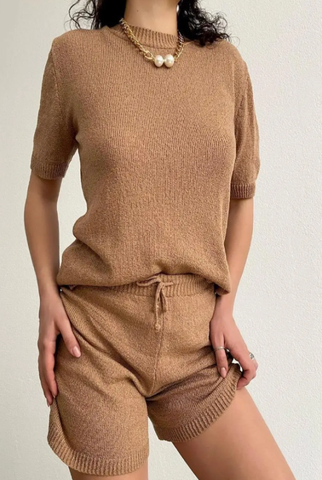 Brown knit top with matching drawstring shorts