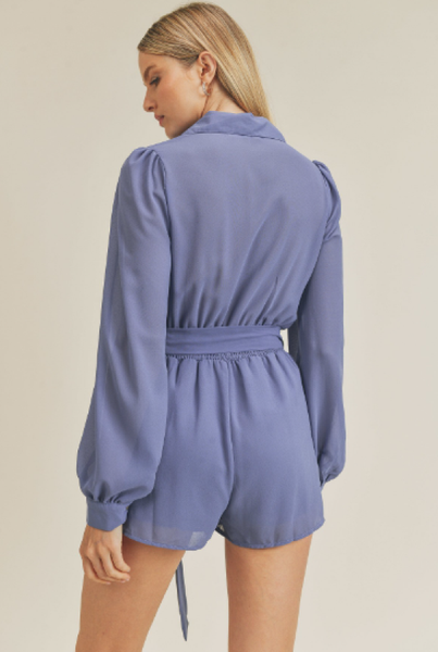 Long sleeve chiffon button up romper with detachable belt