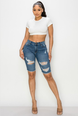 blue denim distressed bermuda shorts with frayed ends