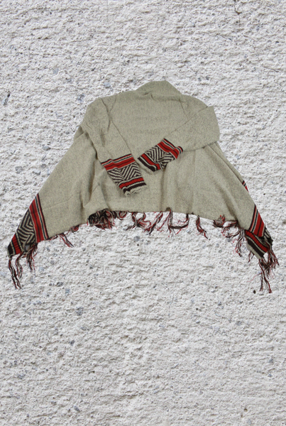 Tan Long sleeve design printed fringe shawl