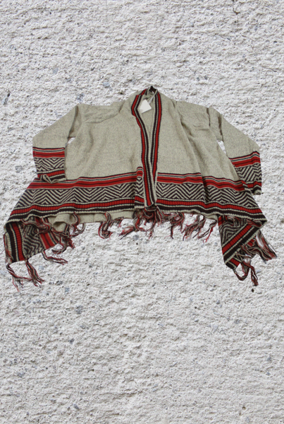 Tan Long sleeve design printed fringe shawl