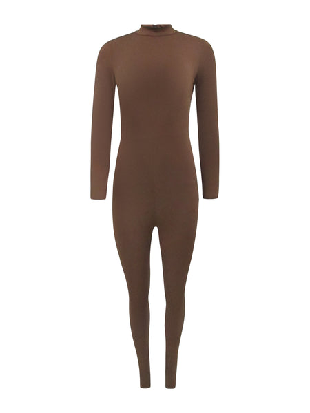 Brown High Neck Long Sleeve Jumpsuit