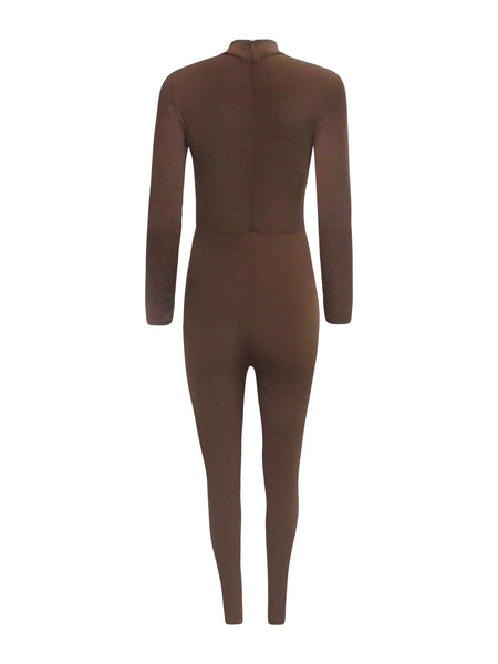 Brown High Neck Long Sleeve Jumpsuit