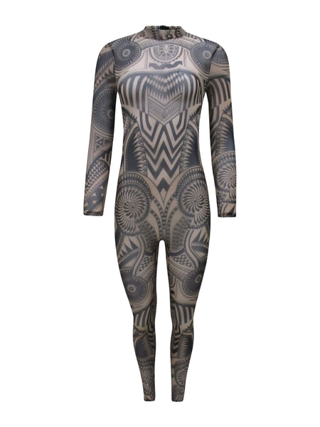 Mesh Nude Black Tribal Print Full Bodysuit