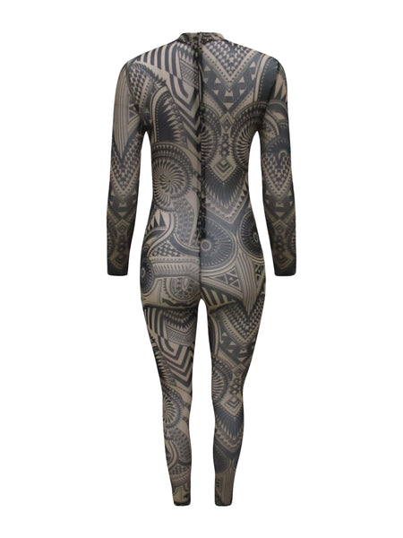 Mesh Nude Black Tribal Print Full Bodysuit